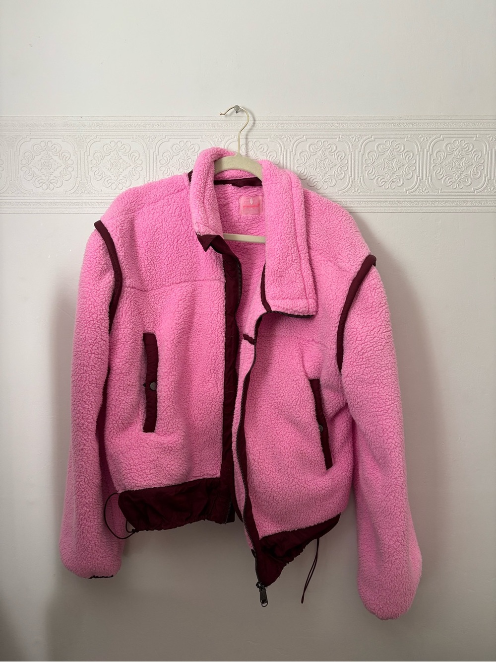 Free People Pink Sherpa Jacket with Burgundy Trim